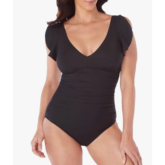 Swim Solutions V-Neck Flounce Tummy-Control One-Piece Swimsuit Black Size 12 NWT - Picture 1 of 3
